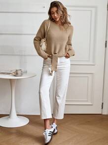 Chiquease Suéter casual suelto de cuello redondo, manga larga y hombros caídos de unicolor para mujeres, otoño e invierno