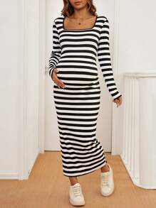 SHEIN Maternity Fashion Square Neck Long Sleeve Slim Fit Striped Design Dress