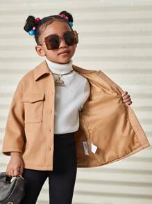 SHEIN Mantel Wol Polos Kasual Longgar untuk Anak Perempuan dengan Kerah Lipat - Khaki - View 9