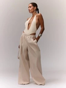 MUSERA Extreme Plunge Neck Strappy Bodysuit Sleeveless Halter Open Back Sexy Club Date Night Out Rave Concert Autumn Winter Fall Sales Clearance - Beige - View 4