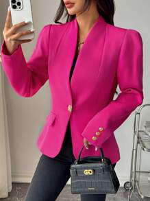 SHEIN Clasi 實心單釦長袖西裝外套 - 玫紅色 - 查看 5