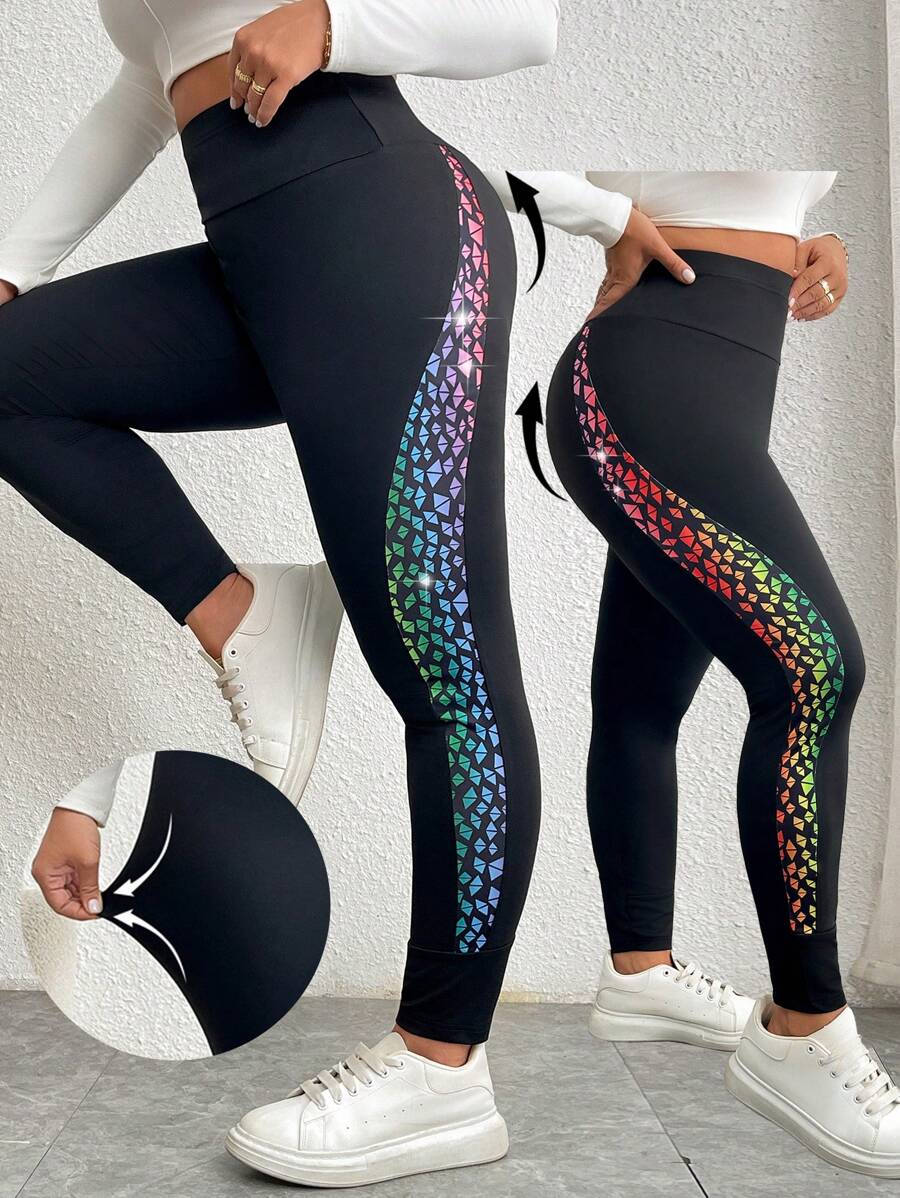 Calvaya Plus Size Solid Color Patchwork Simple Casual Skinny Leggings - Multicolor - View 1