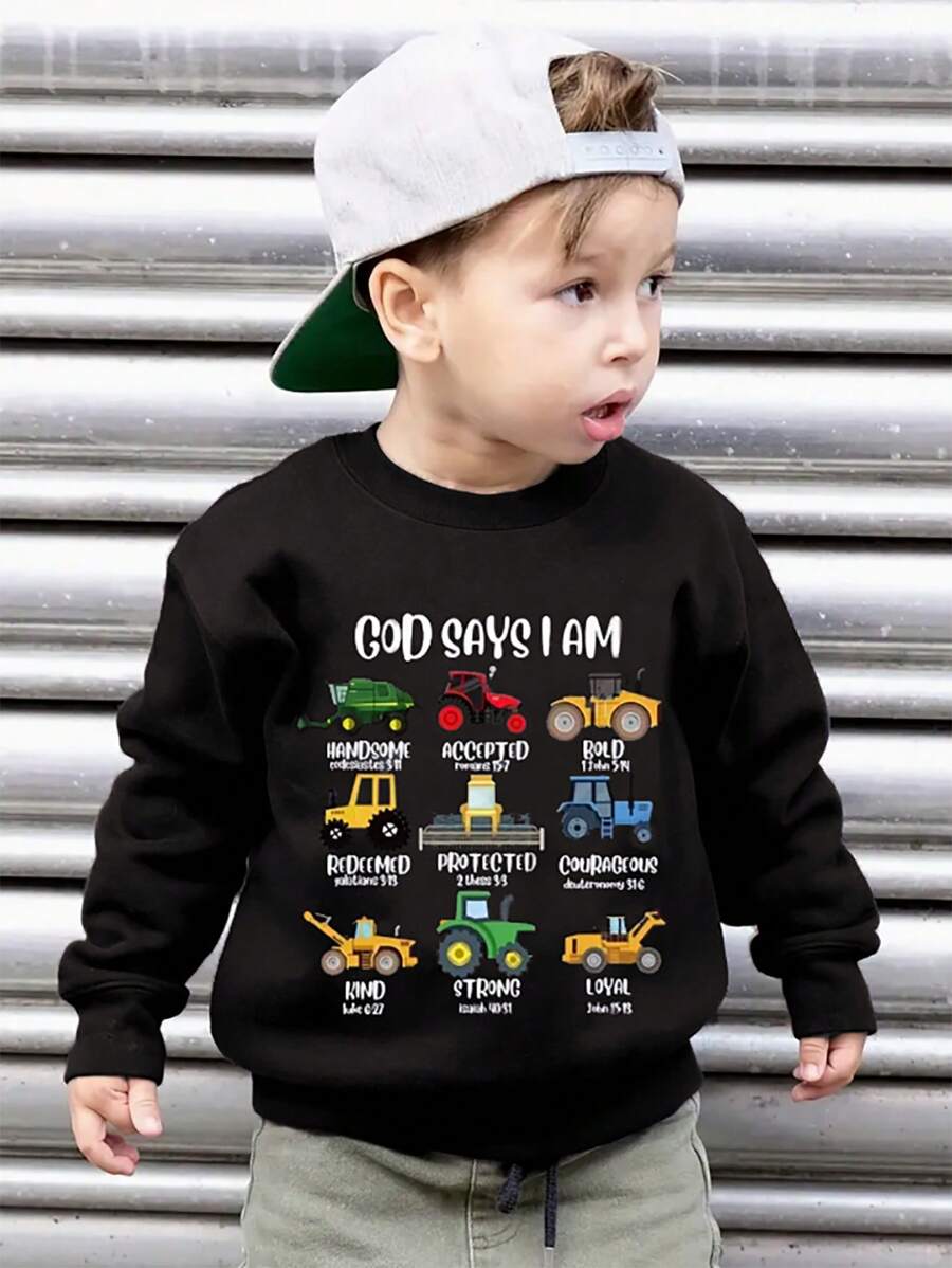 年轻男孩休闲舒适汽车和字母印花圆领运动衫 - 黑色 - 查看 1