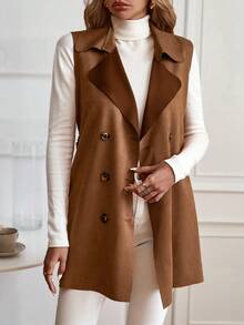 SHEIN Clasi Casaco Trench Feminino Casual de Cintura Marcada de Camurça com Abotoamento Duplo - Marrom Claro - Visão 5