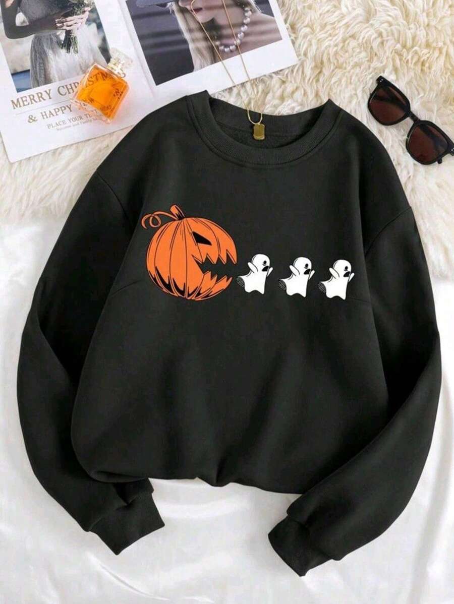 SHEIN LUNE 大码女式南瓜印花圆领宽松休闲运动衫，春秋季