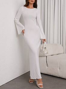 SHEIN Privé Women's Solid Color Backstrap Long Sleeve Split Slim Dress - White - View 5