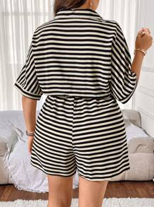 Franclia 大码女式夏季条纹蝙蝠袖短袖宽松休闲衬衫连体裤 - 彩色 - 查看 2