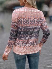 EMERY ROSE 女士印花V领长袖休闲T恤，春夏图案T恤，女士上衣，适合春秋季穿着 - 粉色 - 查看 2