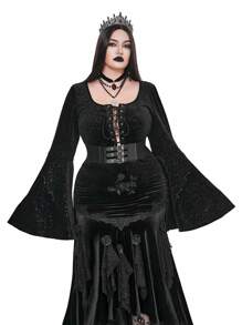 Flirla Goth Punk Plus Size Women Dark Punk Gothic Floral Lace Trim Tied Flare Sleeve Sexy Retro Vintage Corset Style T-Shirt, Halloween - Black - View 6