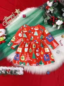 SHEIN Baby Mädchen rotes Lässig Weihnachtskleid mit Feiertagsprint, Herbst/Winter - Verschiedenfarbig - Übersicht 2