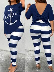 Maweii Plus Size Nữ Mùa Hè In Chữ Xoắn Lưng Rời Áo Thun Và Sọc Quần Dài Thường Ngày 2 Bộ - Xanh và trắng - Xem 1