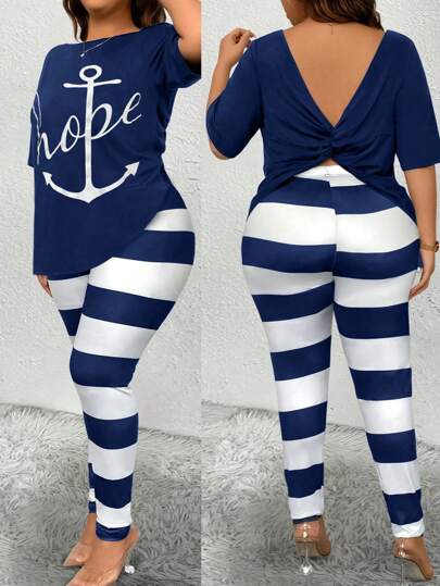 Maweii 大尺碼女性夏季字母印花扭曲後鬆身T恤和條紋長褲休閒套裝