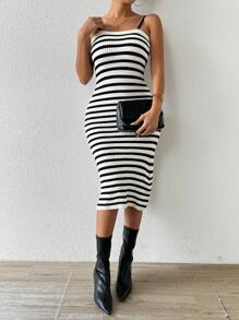 Chiquease French Fashionable Multi-Purpose Black And White Striped Camisole Knit Dress