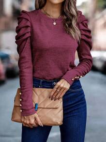 SHEIN Clasi Gigot Sleeve Button Detail Tee - Hot Pink - View 1