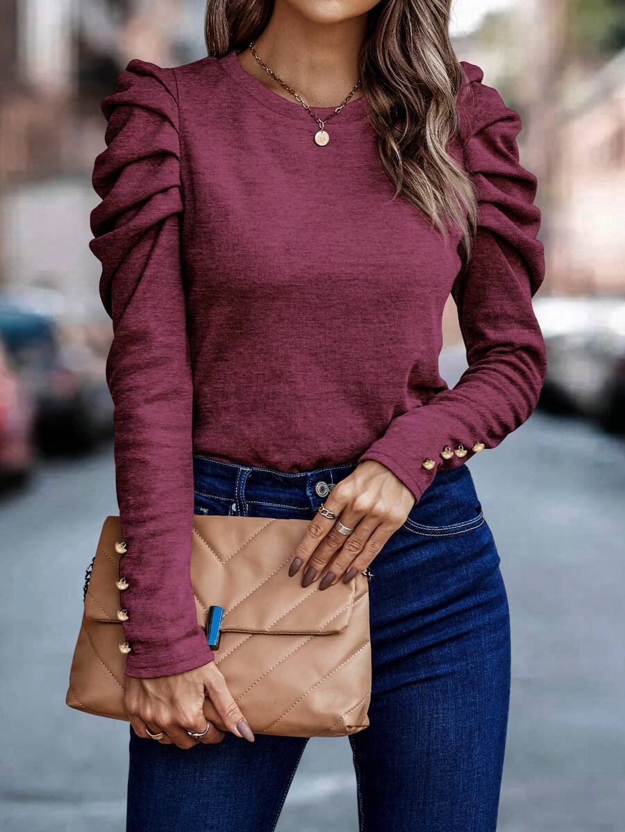 SHEIN Clasi Gigot Sleeve Button Detail Tee - Hot Pink - View 1