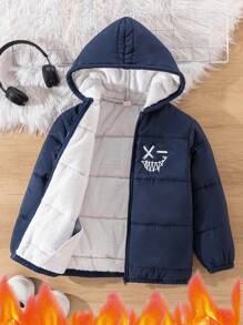 SHEIN Abrigo acolchado con capucha de manga larga con cremallera, abrigo de invierno acolchado para niños preadolescentes con estampado de moda casual, forro térmico compuesto