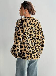Flirla Leopard Print Faux Suede Front Tie Long Sleeve Casual Jacket - Brown - View 2