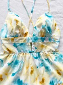 Soleia Women Floral Print Spaghetti Strap Backless Tie Waist A-Line Dress