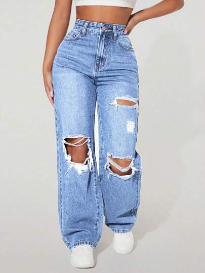 Women's Pocket Distressed Straight Loose Casual Versatile Denim Jeans