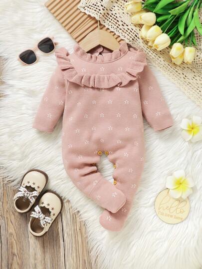 SHEIN Vintaside Kids 女宝宝荷叶边领可爱花卉图案毛衣连脚裤，秋冬季秋季服装