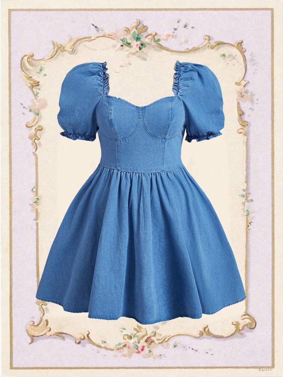 SHEIN MOD 女士加大码蓝色牛仔泡泡袖连衣裙、生日女士服装、返校节连衣裙、秋季女士连衣裙、文艺复兴时期连衣裙、复古连衣裙、秋季女士服装、公主女士连衣裙、及膝连衣裙、墨西哥连衣裙、鸡尾酒会短裙、泡泡袖连衣裙 - 淺色水洗藍 - 查看 1