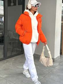 RueChic Tie-Dye Padded Coat With Zipper And Hoodie - Orange - View 5