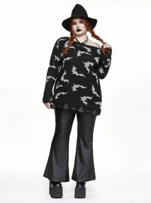 ROMWE Goth 加大码哥特暗黑风万圣节蝙蝠提花不对称领口做旧宽松针织毛衣 - 黑色 - 查看 3
