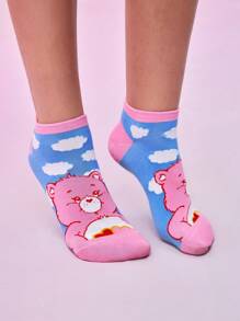 SHEIN X Care Bears 3 pares/Paquete de calcetines de tobillo para mujer con patrón de oso de dibujos animados y color contrastante, regalos