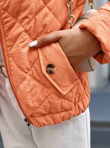 SHEIN LUNE Women's Zip-Up Diamond Pattern Textured Long Sleeve Pocket Casual Everyday Popular Jacket Fall Winter Cloth For Women - Coral Orange - View 4
