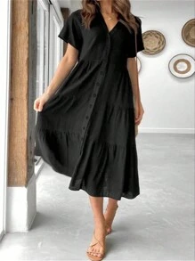 SHEIN LUNE 大码 V 领荷叶边下摆短袖优雅雪纺连衣裙