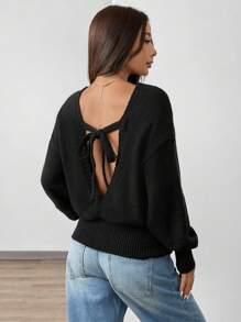 SHEIN EZwear Áo len dệt kim dáng rộng khoét vai xoắn lưng quá khổ cho nữ, màu đen, thu đông - màu đen - Xem 4