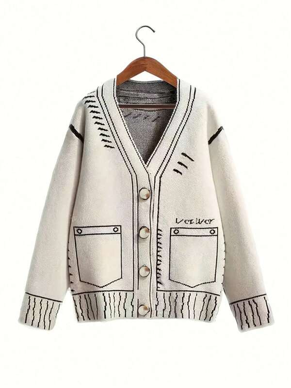 Cárdigan de punto de manga larga con cuello en V blanco para mujer de talla grande, para el invierno