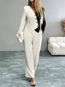 Chiquease Black & Beige Jacket And Pants Suit Set - Apricot - View 1