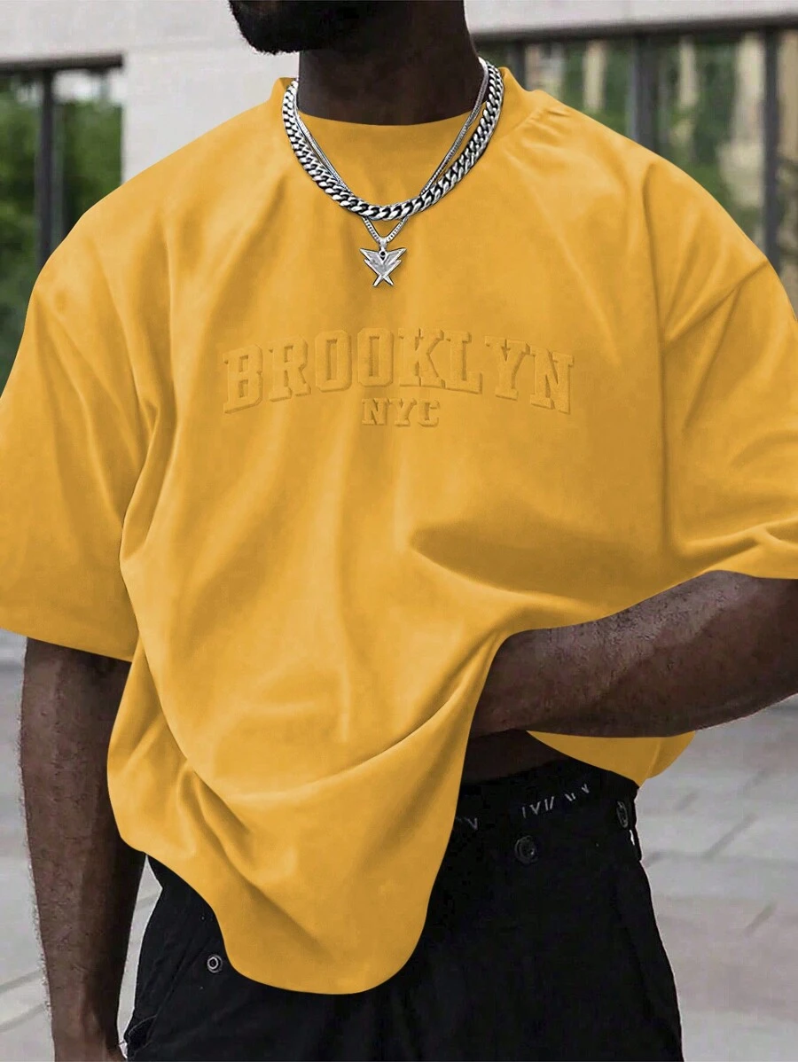 Manfinity Homme Men's Summer Letter Embossed Crew Neck Casual Short Sleeve T-Shirt - Yellow - View 1