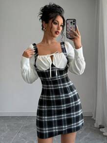 Chiquease 女士优雅办公室淑女系带格子长袖吊带连衣裙 - 黑與白 - 查看 1