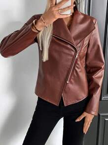 SHEIN Clasi 女士休闲商务翻领拉链长袖常规版型 PU 皮夹克 - 棕色 - 查看 4