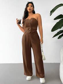 SHEIN EZwear Bộ 2 chiếc áo ống đơn hàng khuy màu trơn mùa hè cỡ lớn dành cho nữ và quần dài có túi thường ngày - màu nâu - Xem 6