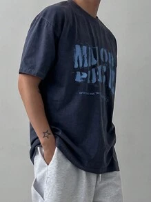 DAZY 男士夏季休闲标语印花短袖 T 恤返校 - 藏蓝色 - 查看 4