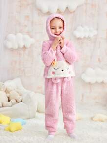 2pcs Young Girls Simple Pink Plush Cute Rabbit Pattern Hooded Long Sleeve Top And Pants Sleepwear Set - Baby Pink - View 2