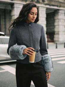 Anewsta Autumn Fashionable Patchwork Cropped Knitted Jacket - Grey - View 7