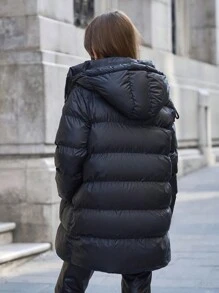 EURMUSE Black Puffer Zipper And Hoody Detailed Winter Coat - Black - View 2