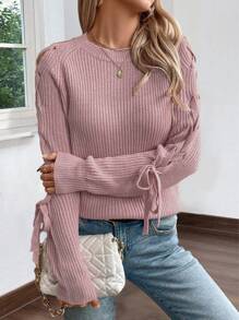 Chiquease 时尚交叉袖圆领宽松休闲毛衣，袖口系带 - 藕粉色 - 查看 1