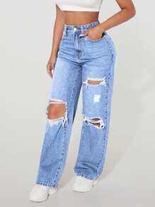 SHEIN PETITE 女式直筒宽松破洞口袋休闲牛仔裤 - 淺藍色 - 查看 4