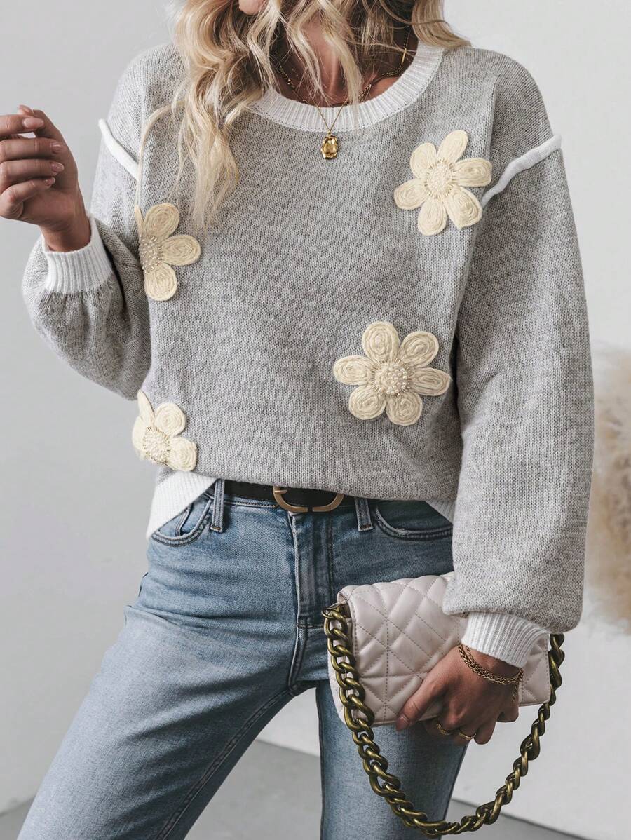 Chiquease Women's 3D Floral Pattern Crew Neck Sweater, Knit Pullover Fall Winter - Grey - View 1