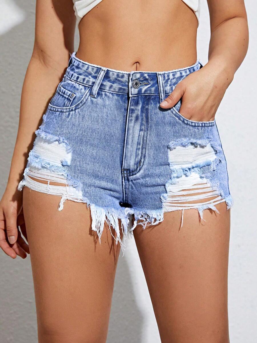 SHEIN EZwear 破洞毛邊牛仔短褲 - 中等水洗藍 - 查看 1