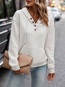 SHEIN LUNE 休閒實色紋理束繩帽衫 - 白色 - 查看 4