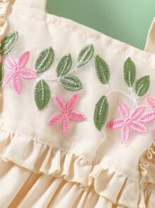 SHEIN Áo thun thường ngày thêu hoa viền bèo nhún cho bé gái, mùa xuân thu - Màu be - Xem 3