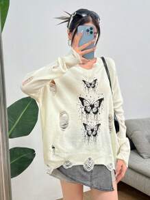 SHEIN 少女万圣节暗黑风格白色 V 领宽松长袖仿旧亚文化蝴蝶印花休闲针织毛衣套头衫 - 白色 - 查看 3