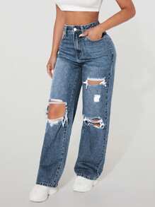 SHEIN PETITE Jeans de mezclilla casual simple con bolsillo delantero con botones y desteñidos para mujer - Neblina azul - Ver 5