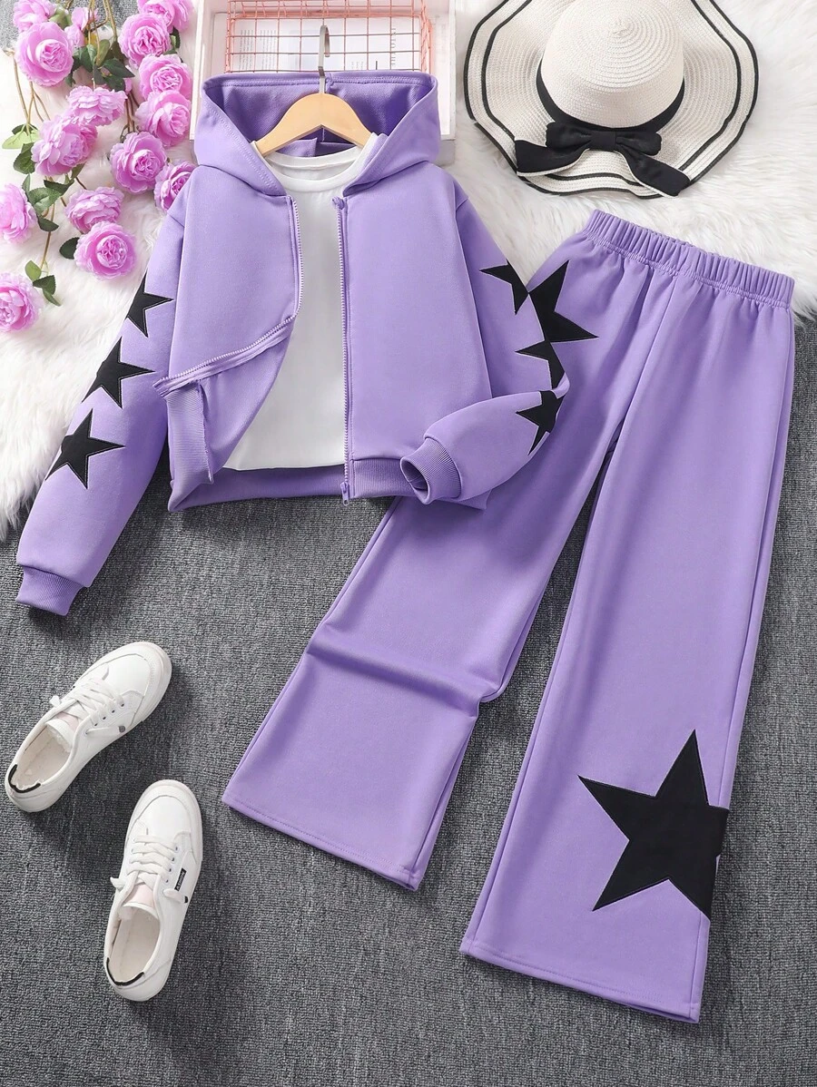 SHEIN Tween Girls Solid Star Embroidered Hooded Sweatshirt Set, Autumn/Winter - Purple - View 1